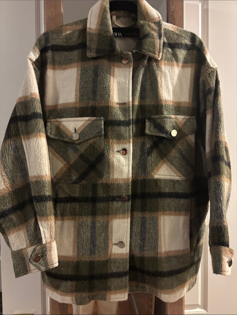 Zara Men's Plaid Shacket in Olive, Beige & Cream
